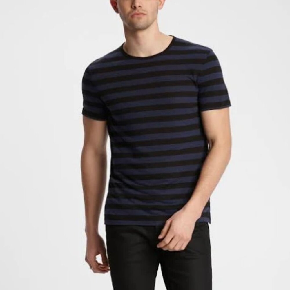 John Varvatos Black and Navy Striped Short Sleeve Tee
